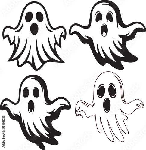 A spooky collection of vector black and white ghost illustrations for halloween decorations and designs