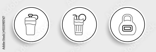 Set line Kettlebell, Fitness shaker and Fresh smoothie icon. Vector