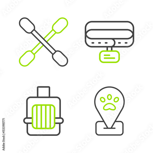 Set line Location pet grooming, Pet carry case, Collar with name tag and Cotton swab for ears icon. Vector