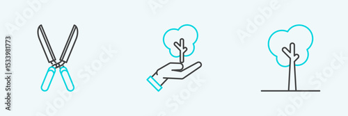Set line Tree, Gardening handmade scissors for trimming and of environmental protection icon. Vector