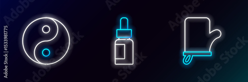 Set line Sauna mittens, Yin Yang and Essential oil bottle icon. Glowing neon. Vector