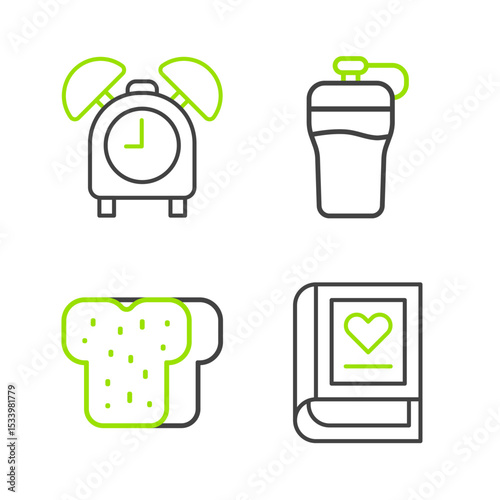 Set line Medical book, Bread toast, Fitness shaker and Alarm clock icon. Vector