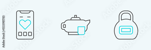 Set line Kettlebell, Mobile with heart rate and Teapot cup icon. Vector