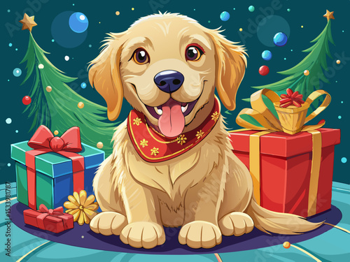 vector of A furry dog sitting on her hand from a distance and smiling at the camera at Christmas from a golden retriever, and her presents next to her ..