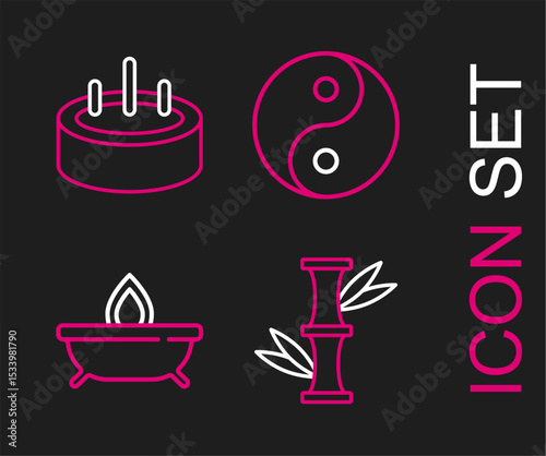 Set line Bamboo, Aroma candle, Yin Yang and Swimming pool with ladder icon. Vector