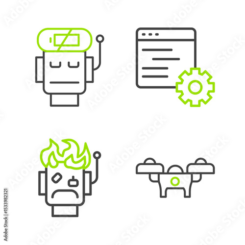 Set line Drone, Robot burned out, Computer api interface and low battery charge icon. Vector