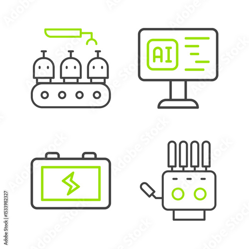 Set line Mechanical robot hand, Battery, Software and Industrial production robots icon. Vector