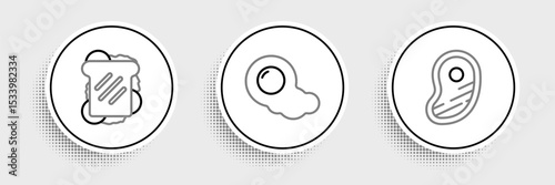 Set line Steak meat, Sandwich and Scrambled eggs icon. Vector