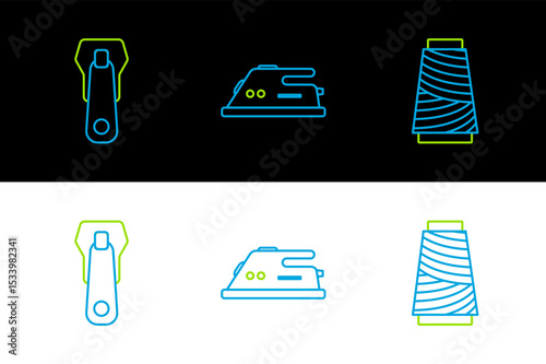 Set line Sewing thread on spool, Zipper and Electric iron icon. Vector