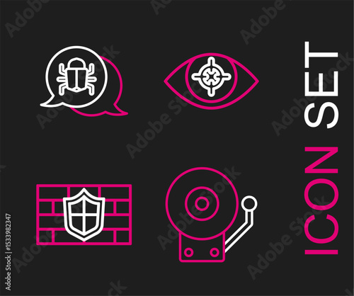 Set line Ringing alarm bell, Shield with brick wall, Eye scan and System bug icon. Vector