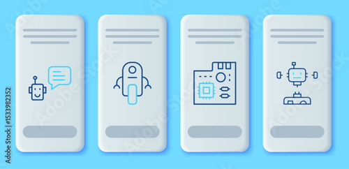 Set line Robot, Motherboard digital chip, Bot and Disassembled robot icon. Vector