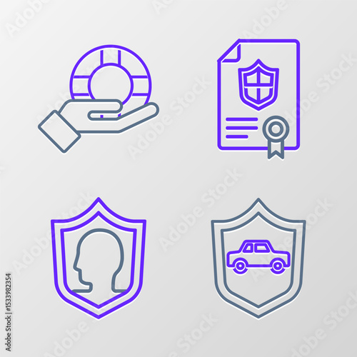 Set line Car with shield, Life insurance, Contract and Lifebuoy hand icon. Vector