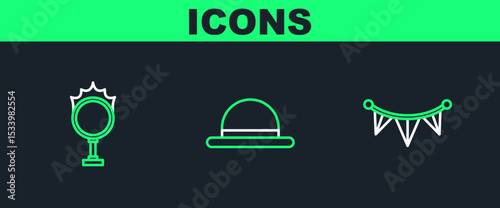 Set line Carnival garland with flags, Circus fire hoop and Clown hat icon. Vector