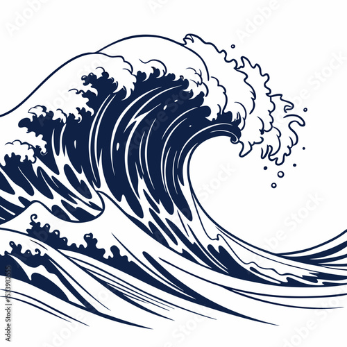 Navy Blue Tidal Wave Illustration White Background Abstract Ocean Wave Graphic Design Element water blue wave