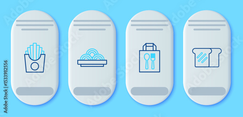Set line Asian noodles in bowl, Online ordering and delivery, Potatoes french fries box and Bread toast icon. Vector