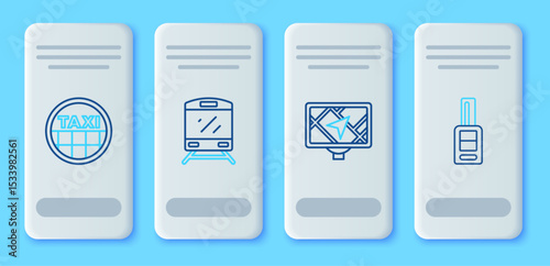 Set line Train, Gps device with map, Taxi car roof and Car key remote icon. Vector