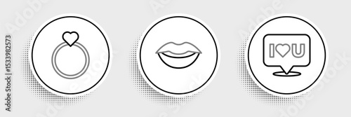 Set line Speech bubble with I love you, Wedding rings and Smiling lips icon. Vector