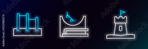 Set line Sand tower, Horizontal bar and Skate park icon. Glowing neon. Vector
