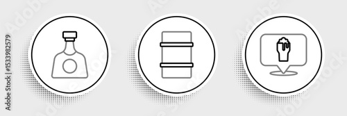 Set line Alcohol or beer bar location, Tequila bottle and Metal keg icon. Vector