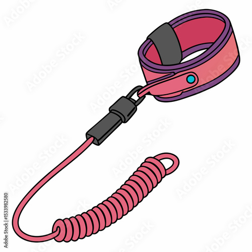 Pink and Purple Surfboard Leash with Coiled Cord on White Background Surfing Equipment Safety Accessory Water Sports Gear Illustration