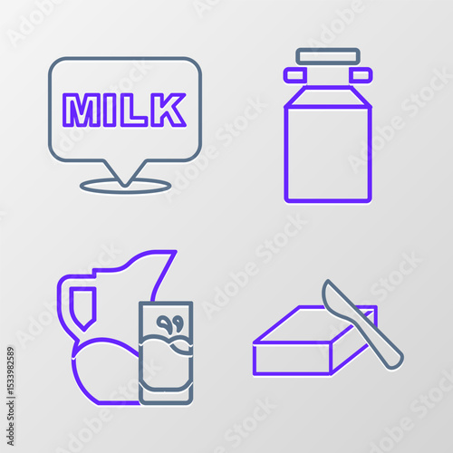 Set line Butter in a butter dish, Milk jug or pitcher and glass, Can container for milk and Lettering icon. Vector