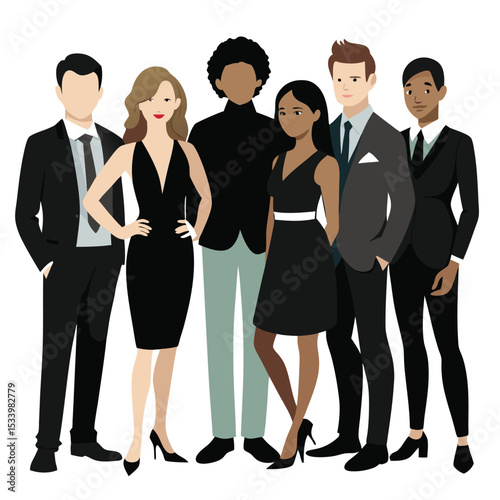 A successful group of diverse businesspeople in suits stands together, showcasing teamwork and professional leadership