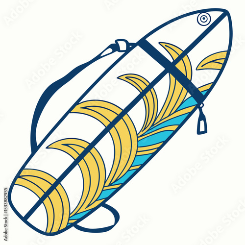 Surfboard Bag with Yellow and Teal Wave Design on White Background Stylish Surfboard Carrying Case with Adjustable Strap