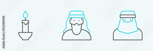 Set line Muslim woman in niqab, Burning candle and icon. Vector