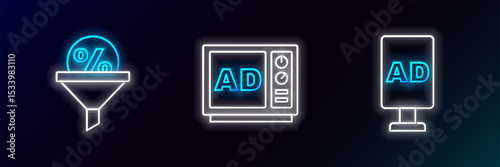 Set line Target, Lead management and Advertising icon. Glowing neon. Vector