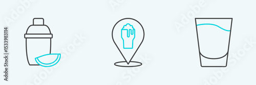 Set line Shot glass, Cocktail shaker with lime and Alcohol or beer bar location icon. Vector