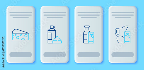 Set line Whipped cream in bottle, Bottle milk and glass, Cheese and Milk jug or pitcher icon. Vector