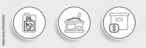 Set line Carton cardboard box with price, Bottle of olive oil and Tin can caviar icon. Vector