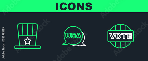 Set line Vote, Patriotic American top hat and USA Independence day icon. Vector