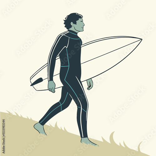 Surfer Walking on Beach Carrying White Surfboard Wearing Dark Teal Wetsuit surfing