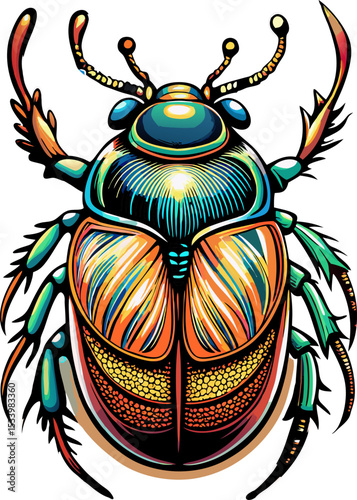Colorful and intricate beetle illustration featuring bold patterns and vivid colors with no background