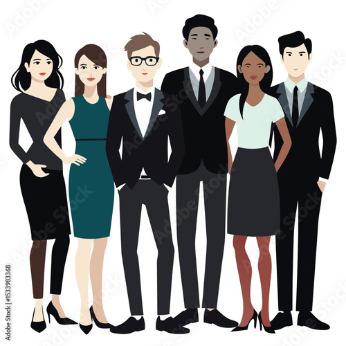 A successful group of diverse businesspeople in suits stands together, showcasing teamwork and professional leadership