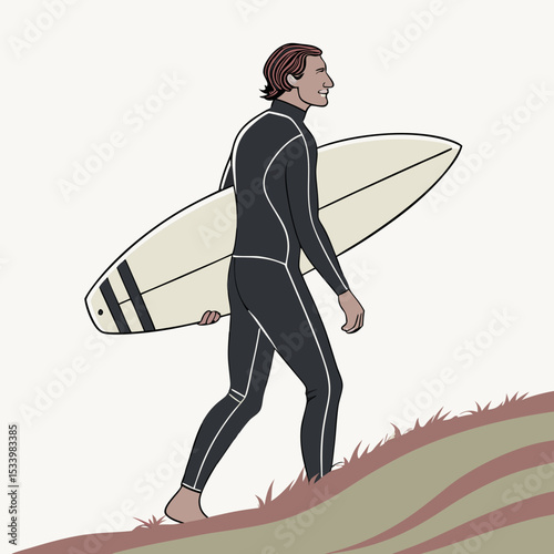Surfer Walking on Beach Dune Carrying Beige Surfboard Wearing Black Wetsuit surfing