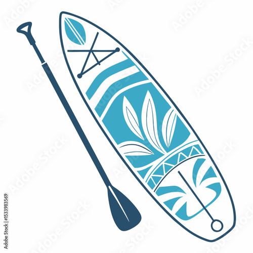 Teal and Dark Blue Paddle Board with Paddle Isolated on White Background Stylish Water Sports Equipment Illustration