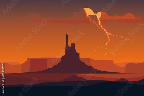 Vector illustration of desert landscape with rock formation and lightning