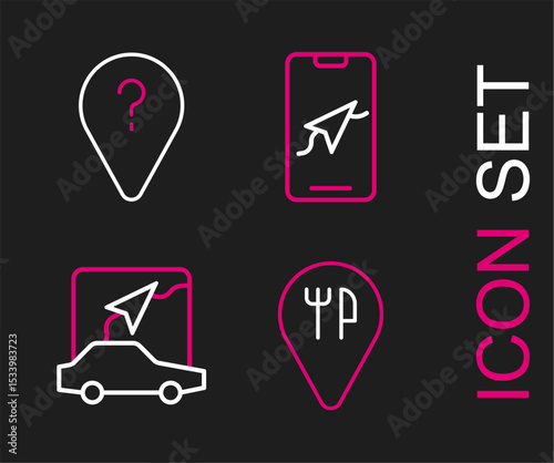 Set line Cafe and restaurant location, City map navigation, and Unknown route point icon. Vector