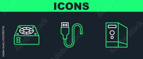 Set line Case of computer, Computer cooler and USB cable cord icon. Vector