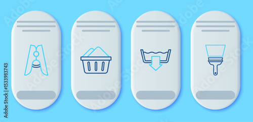 Set line Basin with soap suds, Washing modes, Clothes pin and Rubber cleaner for windows icon. Vector