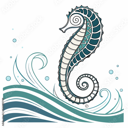 Teal and White Seahorse Coastal Swirl Design Ocean Waves Pattern Graphic Illustration vector