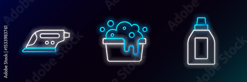 Set line Bottle for cleaning agent, Electric iron and Basin with soap suds icon. Glowing neon. Vector
