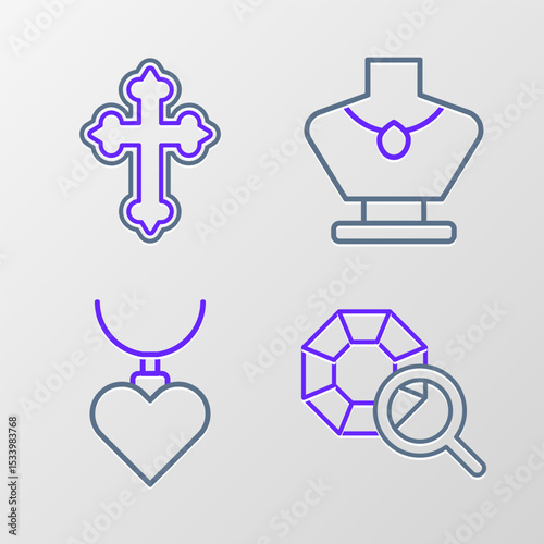 Set line Gem stone, Necklace with heart shaped pendant, mannequin and Christian cross icon. Vector