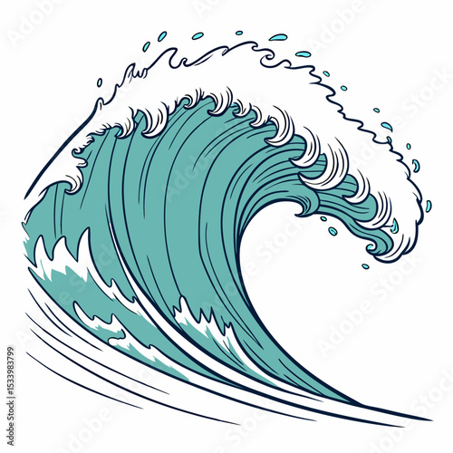Teal and White stylized ocean wave illustration isolated on white background dynamic curve design element