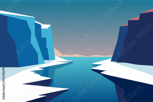 Frozen fjord, icy landscape, blue glacier, winter scenery, vector illustration