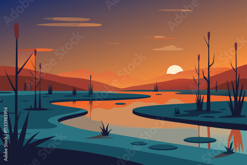 Sunset, serene landscape, orange sky, water, vector illustration, nature scene, peaceful environment