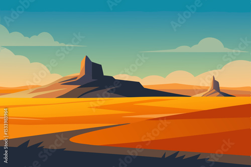 Desert landscape, sandy dunes, rocky formations, blue sky, vector illustration
