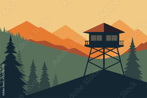 Fire lookout tower, mountain landscape, forest scenery, vector illustration